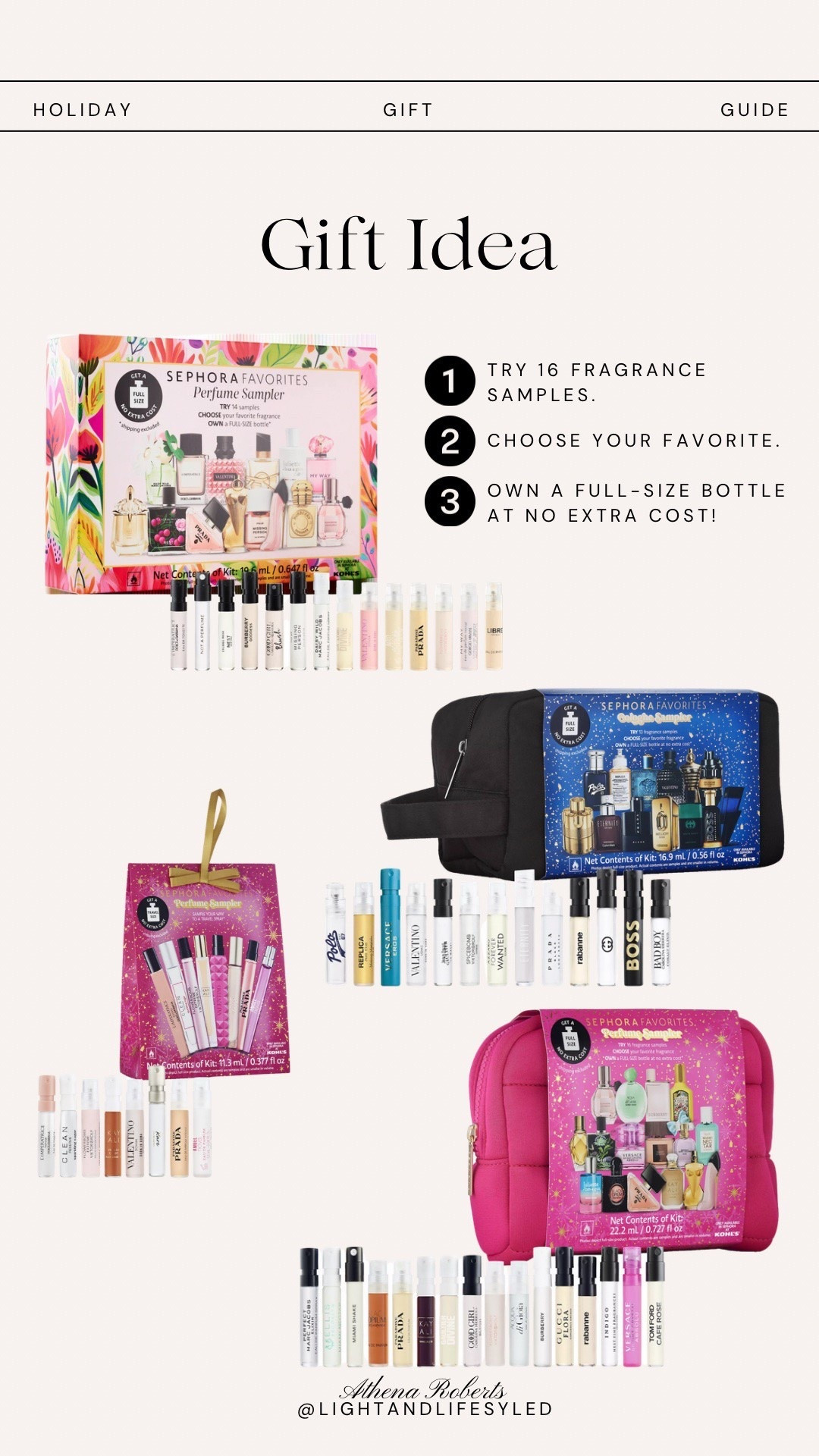 This are all on sale!!!!! 

Gift idea!!!🎁 Take the second guessing out with these perfume and cologne sampler sets!
1. Try 16 samples
2. Choose your favorite 
3. Come back in with the voucher in your bag and get a full size bottle! 

Christmas gift, gifts for her, gift guide, gifts for him, Sephora

#LTKFindsUnder100 #LTKHoliday #LTKGiftGuide