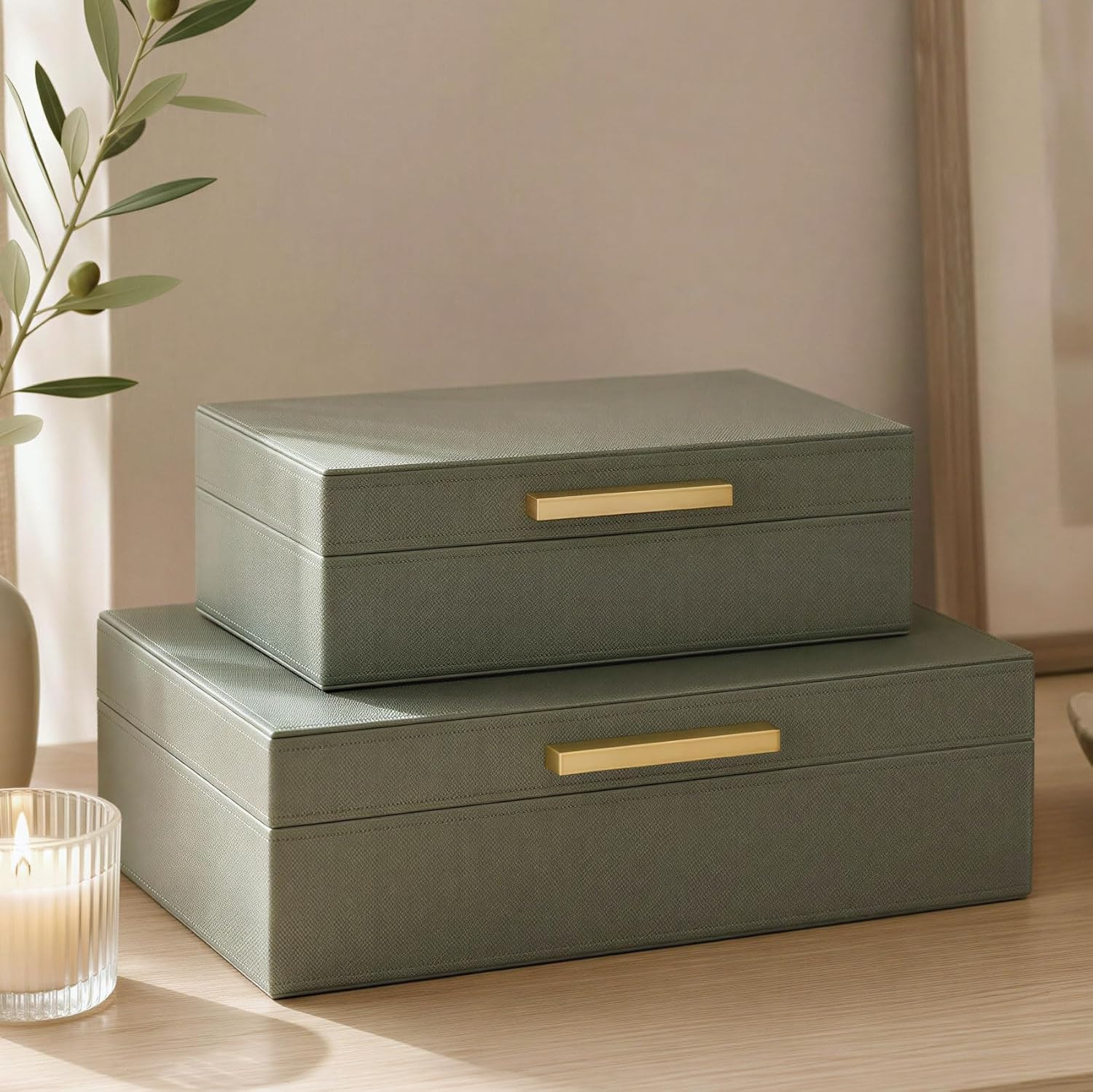 Decorative Storage Boxes with Lids - Set of 2 PU Leather Organizer Bins | Amazon (US)