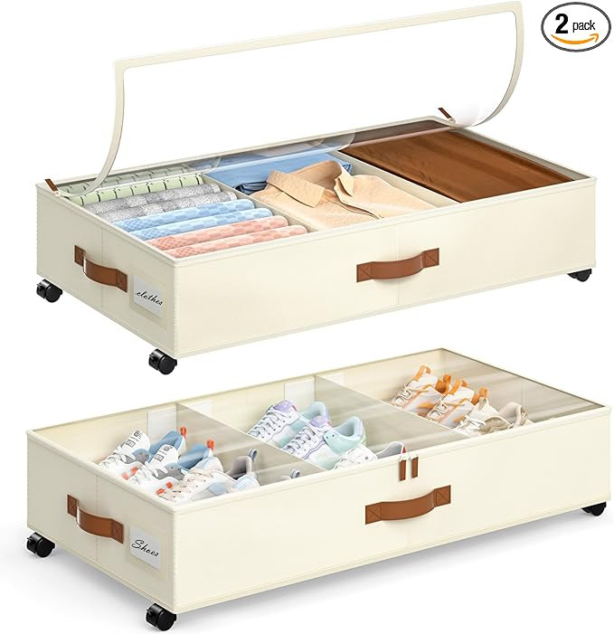 Yecaye Under Bed Storage with Wheels, 2Pack Under Bed Storage Containers with Adjustable Dividers... | Amazon (US)
