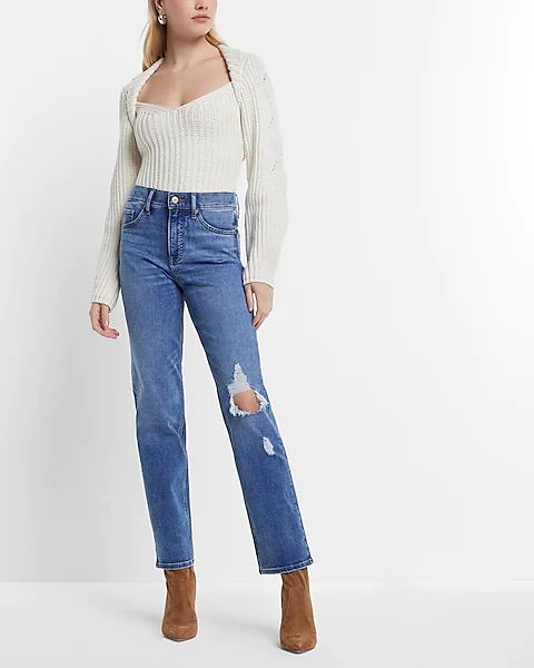 High Waisted Medium Wash Ripped Modern Straight Jeans | Express