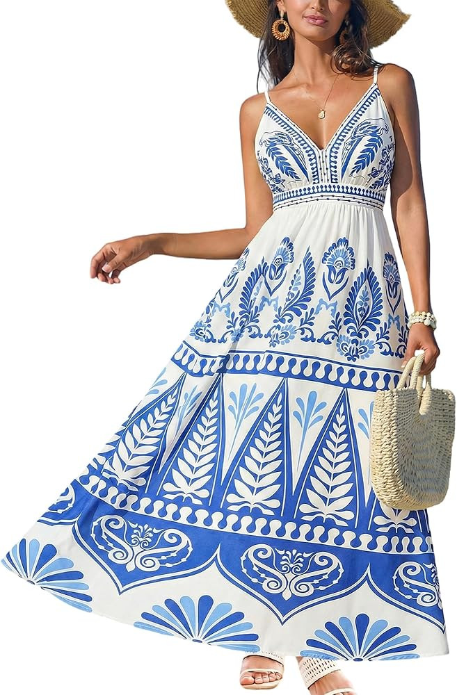 CUPSHE Women's Summer Dresses Casual Spring V Neck Sleeveless Floral Beach Vacation Long Spaghett... | Amazon (US)