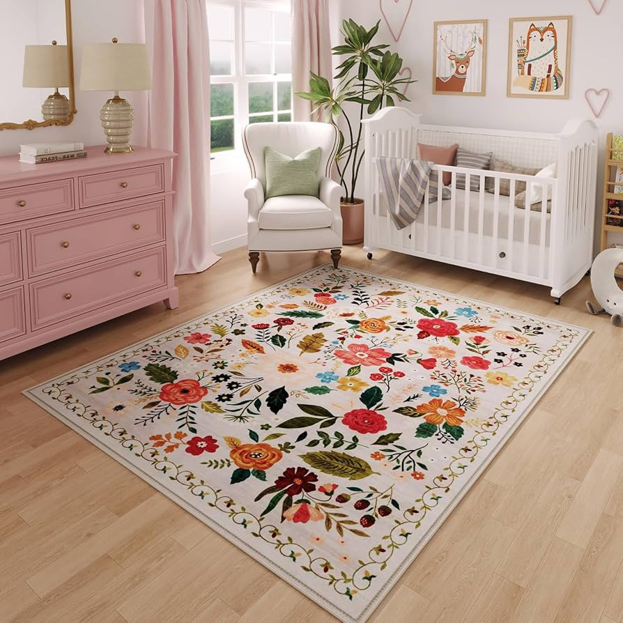 Rugcomf Area Rug 4x6 Rug Washable Boho Rugs Non Slip Low Pile Floral Small Carpet for Bedroom, Be... | Amazon (US)