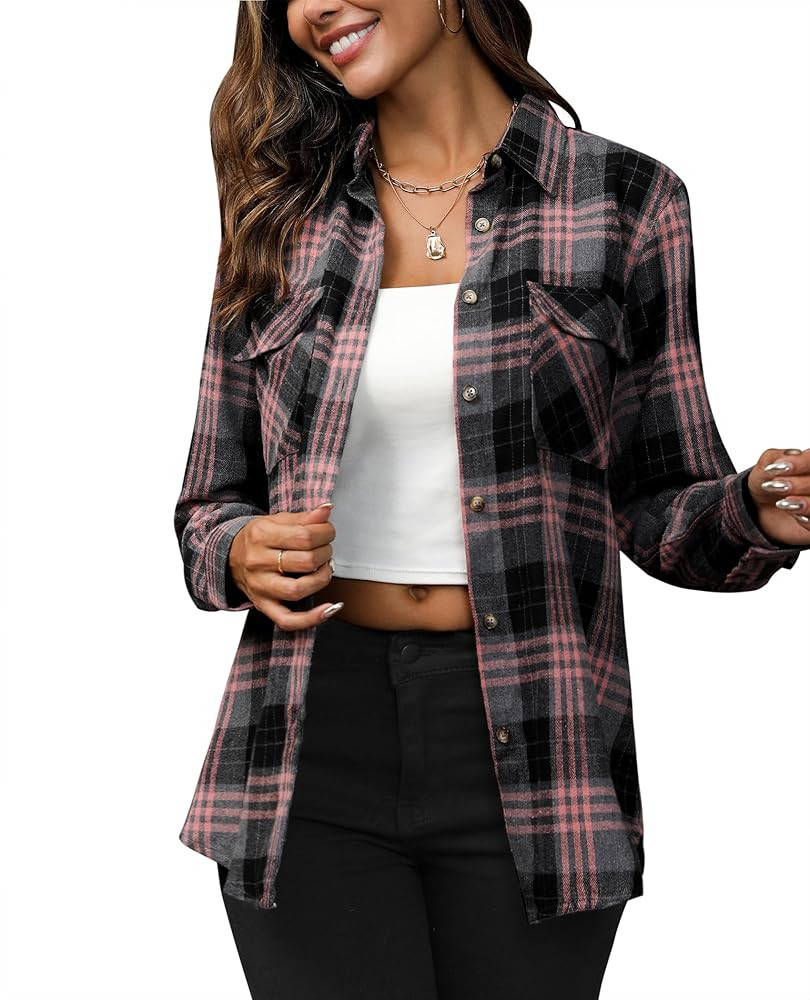 siliteelon Flannel Shirt Women Plaid Shirts Button Down Long Sleeve Oversized Cotton Fitted Boyfr... | Amazon (US)