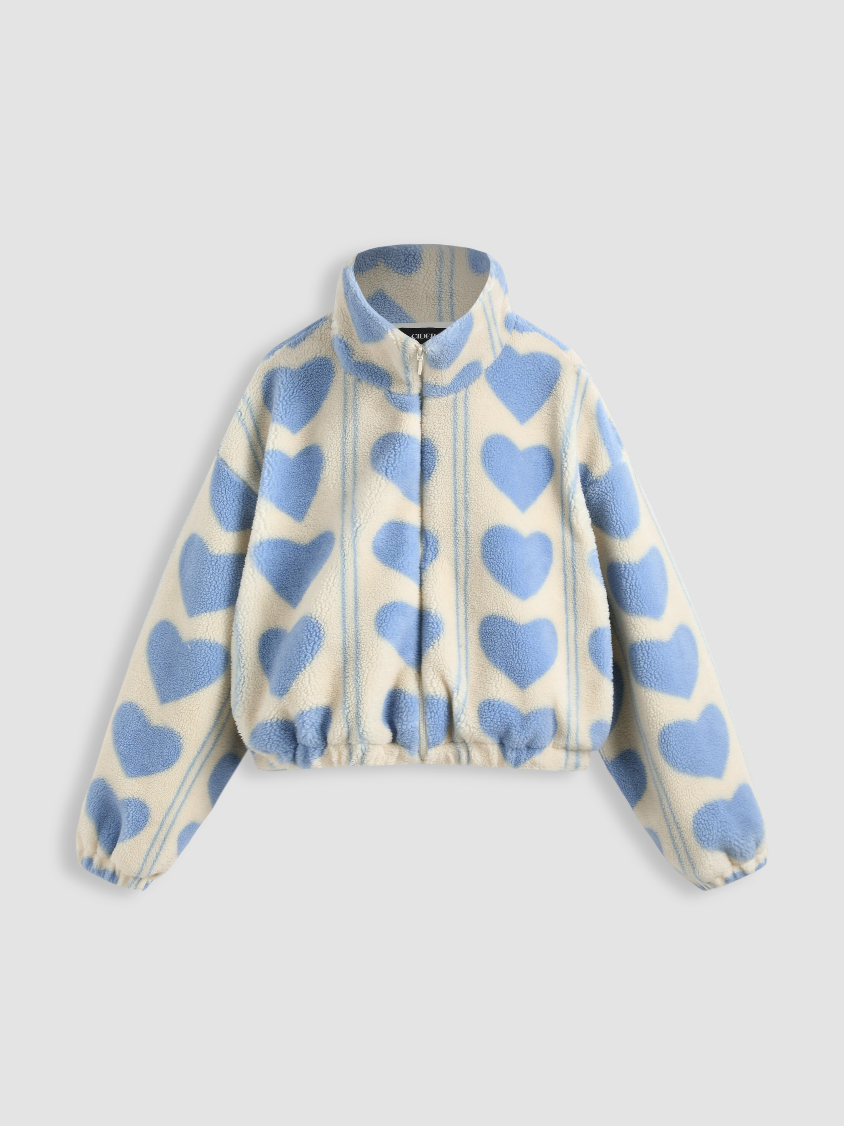 Fleece Love And Sherpa Heart Patterned Jacket | Cider