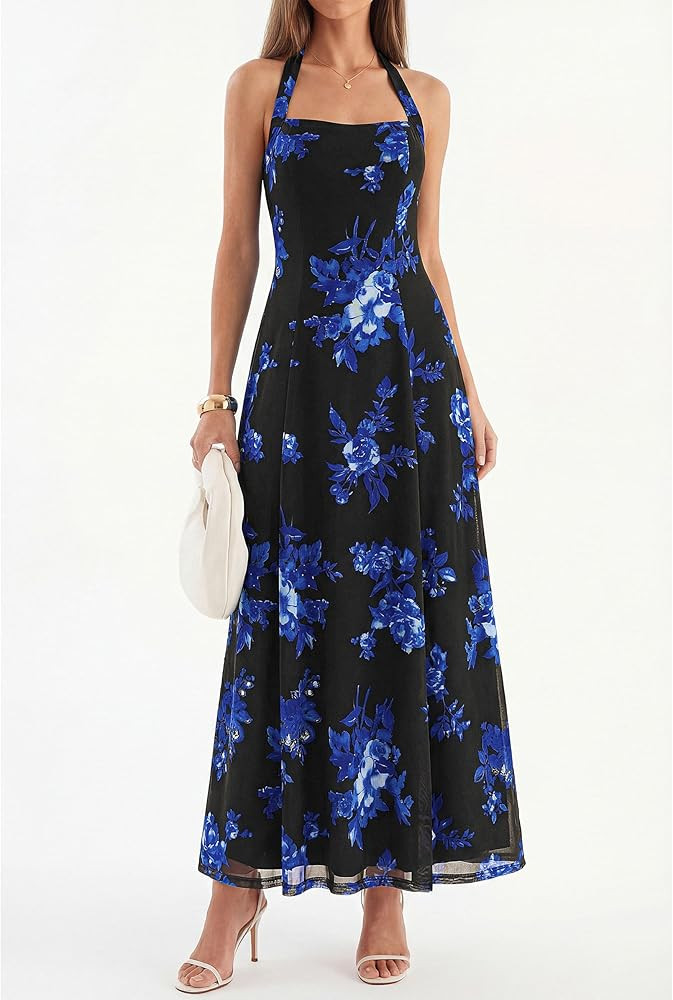 KIRUNDO Women's Summer Sleeveless Halter Floral Maxi Dress 2026 Beach Wedding Guest Cocktail Mesh... | Amazon (US)