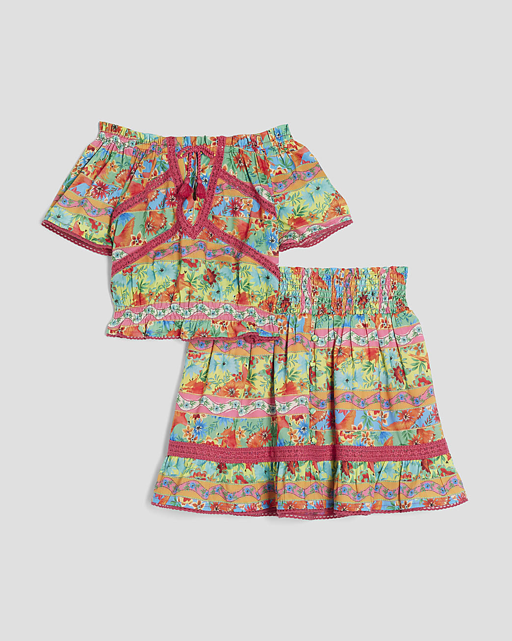 Girls Pink Tropical Stripe Skirt Set | River Island UK & IE