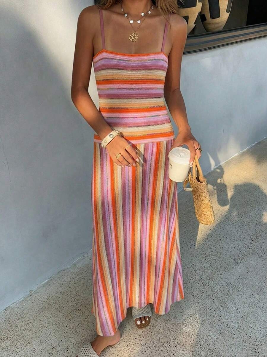 DAZY Summer Holiday Party Outfit Brown Spaghetti Strap Striped Bodycon Mid-Length Dress For Women... | SHEIN