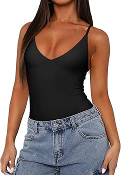REORIA Women’s Sexy Trendy Open Back V Neck Spaghetti Strap Backless Trendy Cami Bodysuit Tops | Amazon (US)