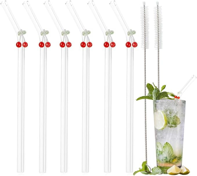 6 Pcs Glass Straws With Cherry Charms, Cute Fun Reusable With Design Clear Bent Straws, With 2 Pc... | Amazon (US)