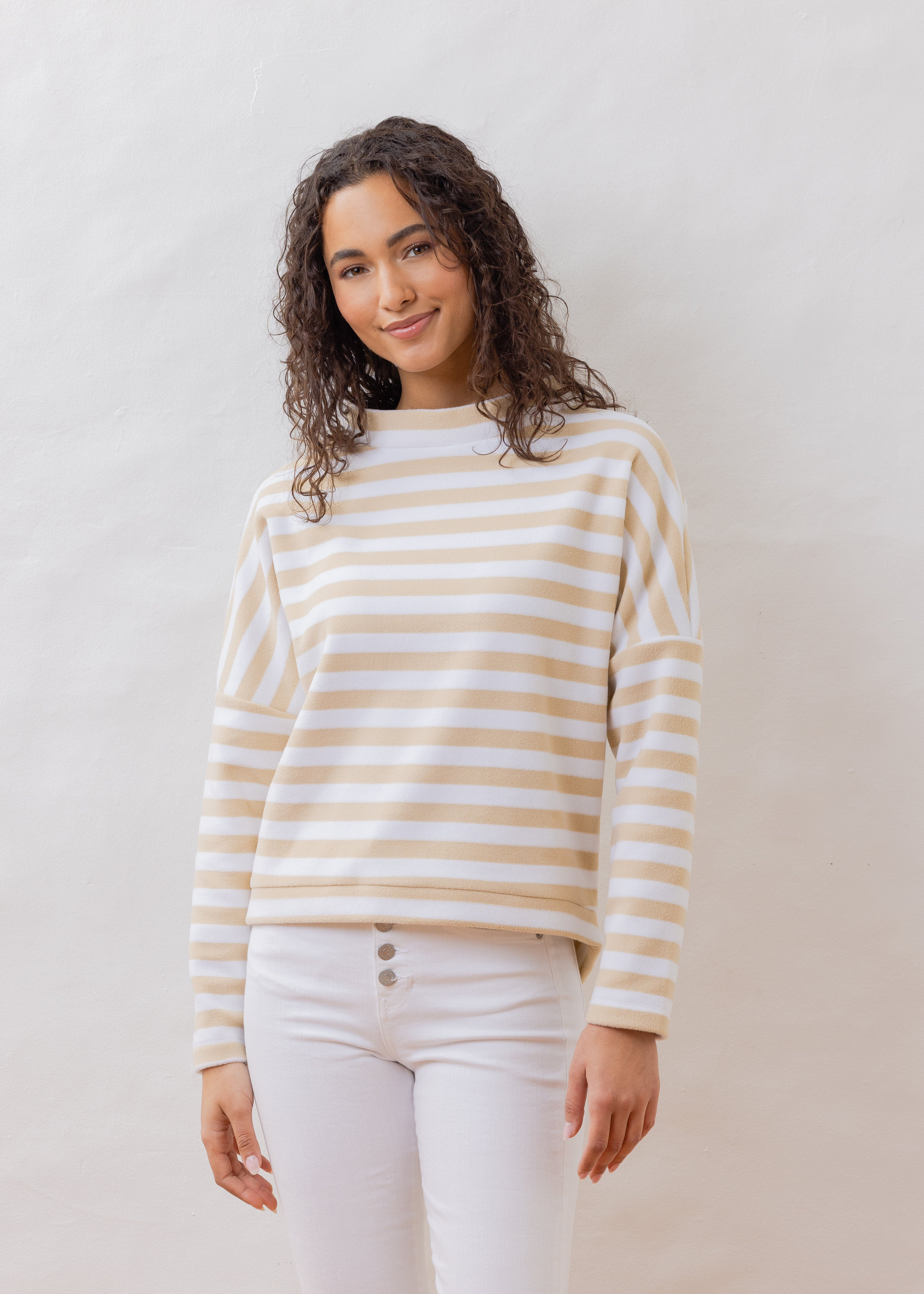 Binney Boatneck in Striped Fleece (Natural Blush / White) | Dudley Stephens