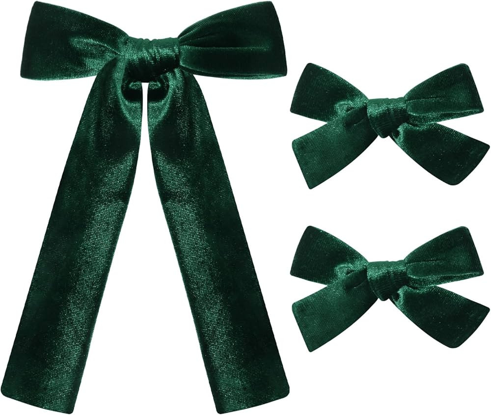 DEEKA Dark Green Velvet Hair Bows 2 Sizes Long and Basic 4” Hair Bow Set for Toddler Girls Long... | Amazon (US)
