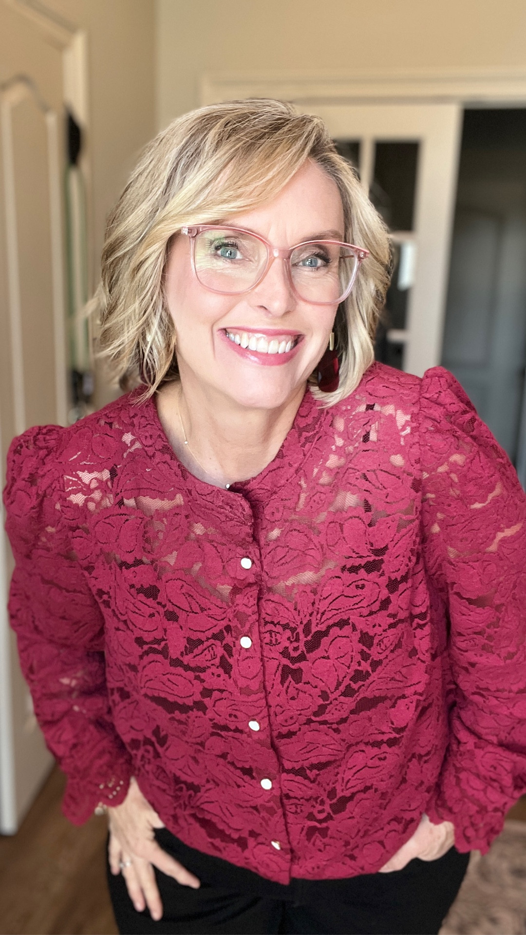 Some days you just wanna wear a cute, lacy top that makes you feel pretty! And today is that day! From the ruffled sleeves to the pretty pearl buttons, it’ll take you from the office to date night with the special someone! 

#LTKMidsize #LTKValentine