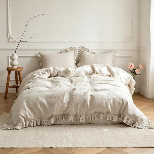 Simple&Opulence 100% Linen Duvet Cover Set Queen Size, 3 Pcs Natural French Flax Ruffle Edges Bedding, Shabby Chic Comforter Cover with 2 Pillow Shams Soft Breathable Vintage Style, Linen | Amazon (CA)