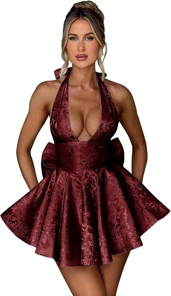 Halter Satin Homecoming Dresses for Teens Jacquard A-Line Short Prom Dress Backless Cocktail Form... | Amazon (US)