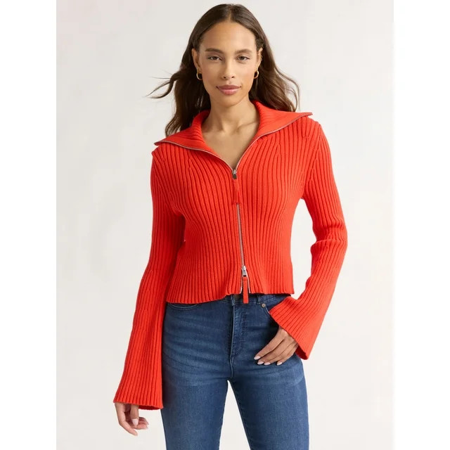 Sofia Jeans Women's Wide Collar Zip Cardigan, Lightweight, Size XS-XXXL | Walmart (US)