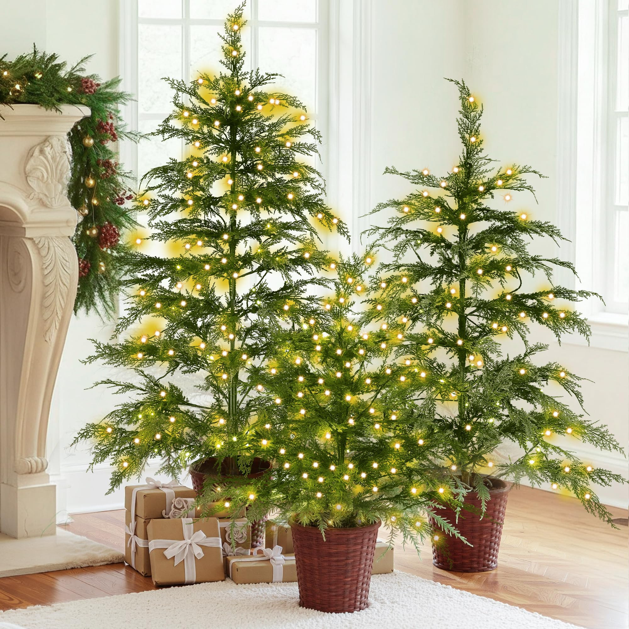 Set of 3 2ft 3ft 4ft Pre-lit Twinkle Christmas Cypress Tree with 180 LED Light Realistic Artificial Trees with Woven Basket Base Xmas Holiday Decor for Indoor Living Room Home (Cypress Tree) | Amazon (US)