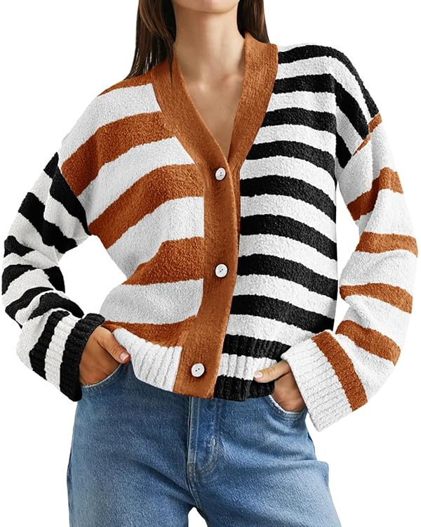 Saodimallsu Womens Striped Cardigan Sweaters V Neck Open Front Button Up Color Block Fuzzy Loose ... | Amazon (US)
