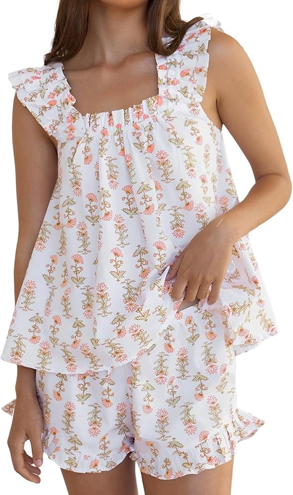 Arssm Womens Floral Pajama Set 2 Piece Loungewear Ruffle Hem Tank Top Vest Shorts Pjs Set Sleevel... | Amazon (US)
