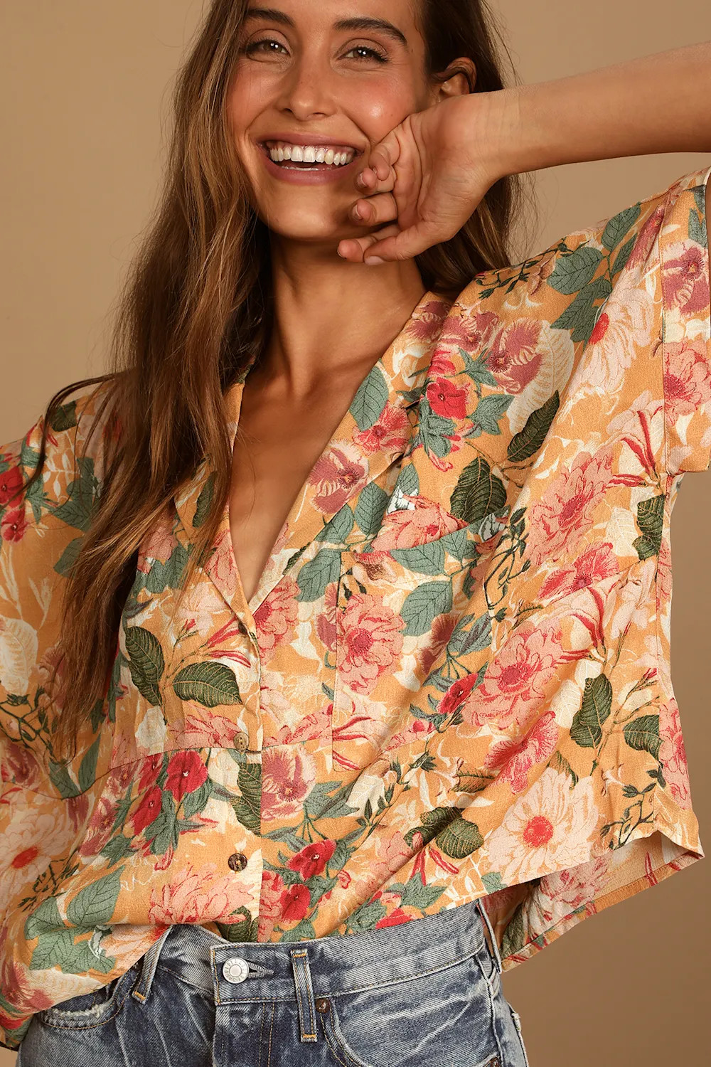 Island Style Orange Floral Print Button-Up Short Sleeve Top | Lulus