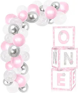 First Birthday Balloon Boxes Decorations Pink White Winter Onederland 1st Birthday Boxes Blocks f... | Amazon (US)