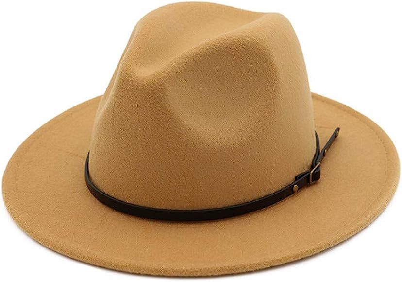 Women's Classic Wide Brim Fedora Hat with Belt Buckle Felt Panama Hat | Amazon (US)