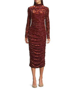 Kendall Velvet Burnout Ruched Long Sleeve Bodycon Dress | Dillard's