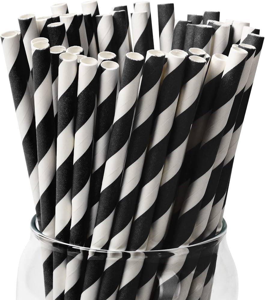 [100 Pack] Black Paper Straws, Biodegradable Black and White Stripe Paper Straws for Birthdays, W... | Amazon (US)