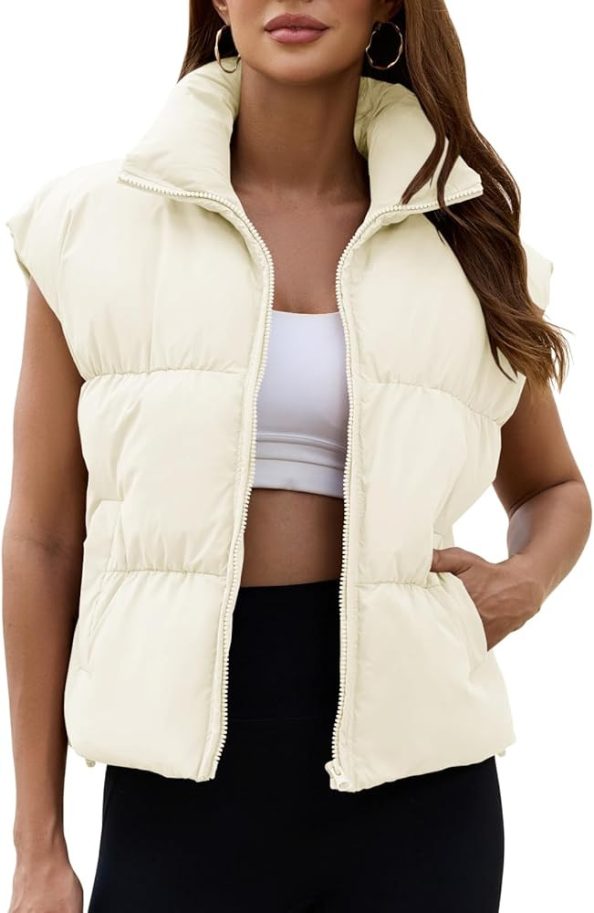 Womens Cropped Puffer Vest Oversized Winter Sleeveless Zip Up Padded Jacket Outerwear Water-Resis... | Amazon (US)