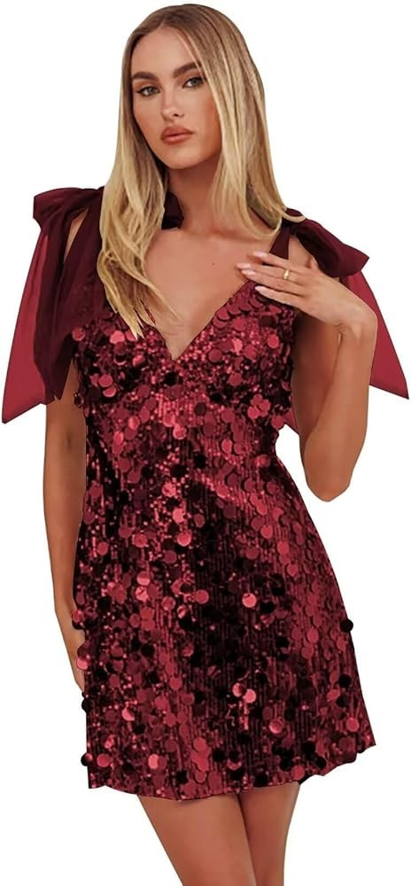GATMAHE Sparkly Sequin Cocktail Dresses V Neck Mini Bow Short A Line Christmas Party Dress | Amazon (US)