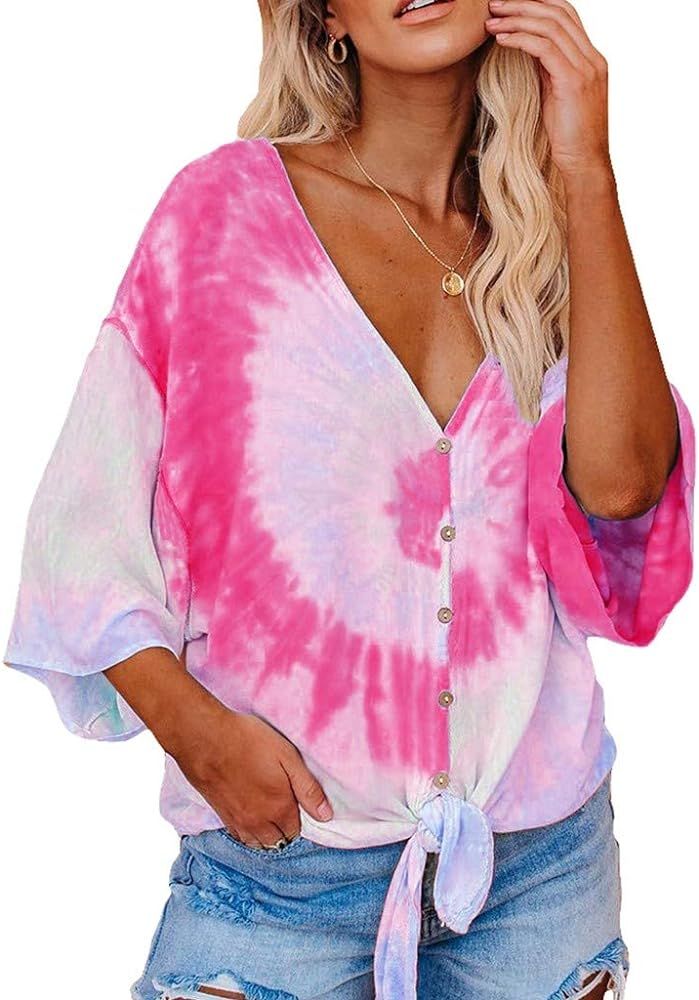 T Shirt for Women Girls Fashion V Neck Tie Dyed T-Shirt Twist Knot Button Front Tee Shirts Loose ... | Amazon (US)