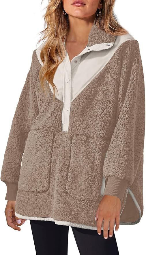 Panadila Womens Half Snap Fleece Pullover Oversized Fuzzy Sweatshirt with Pockets Trendy Warm She... | Amazon (US)