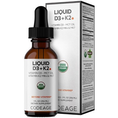 Codeage Liquid D3+K2 Vitamins USDA Organic Vitamin D3 2000 IU, Vitamin K2 (MK4 & MK7) Liquid, Immune Support, Unflavored, Organic MCT Oil, 1 fl oz | Target