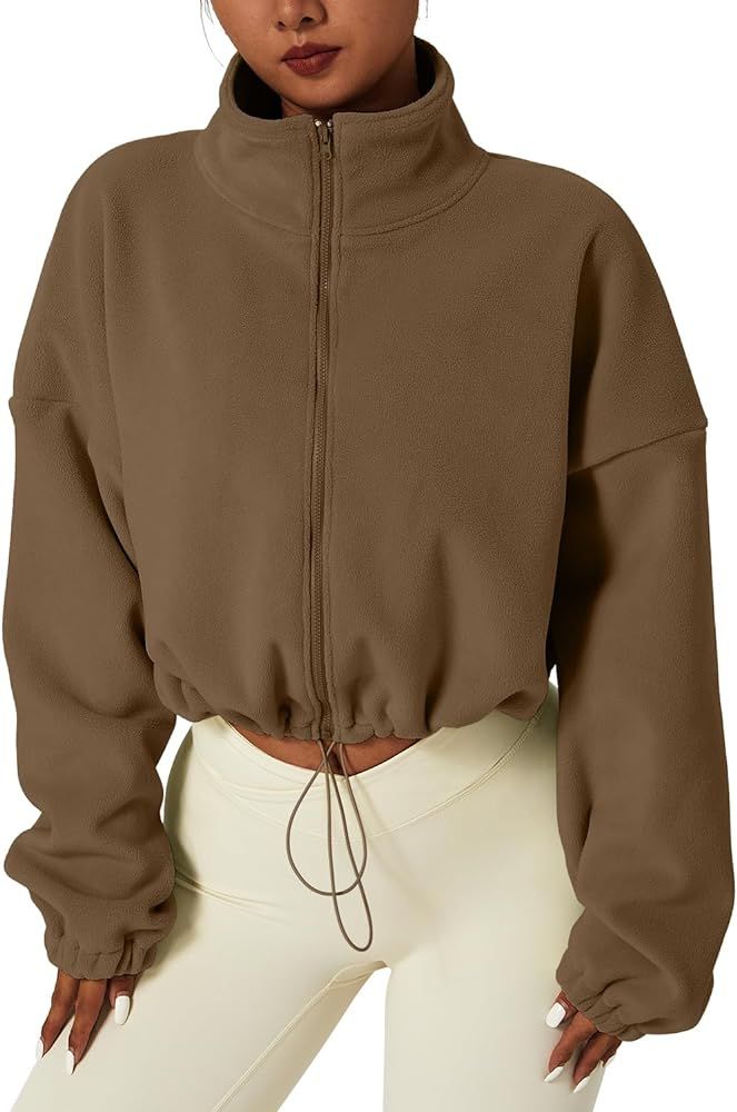 QINSEN Women's Full Zip Fleece Short Jacket Warm Winter Long Sleeve Stand Collar Sherpa Crop Coat | Amazon (US)