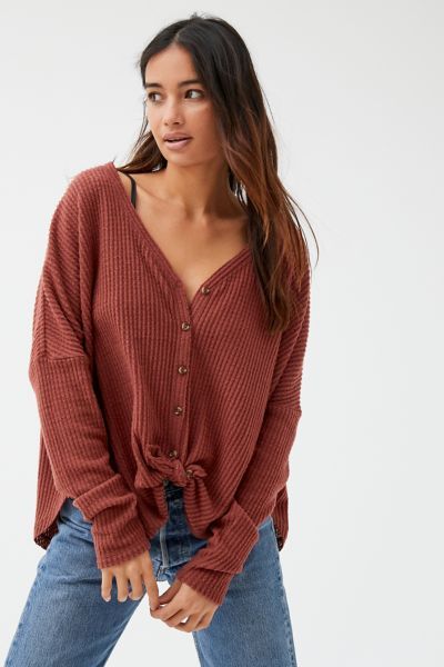 Out From Under Jojo Oversized Thermal Button-Front Top - Brown L at Urban Outfitters | Urban Outfitters (US and RoW)