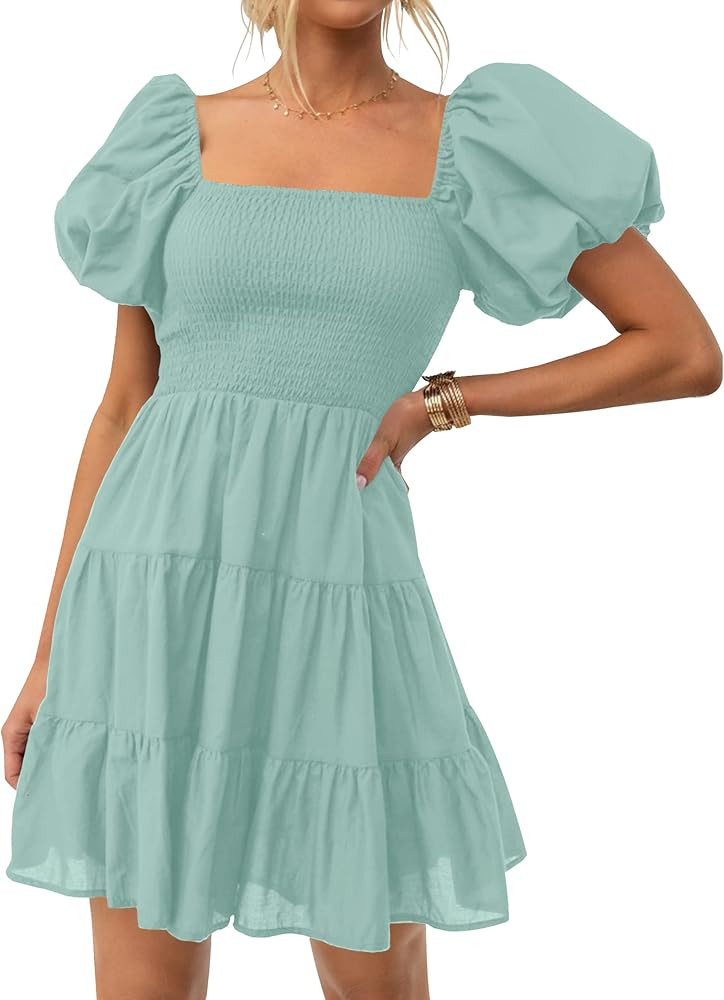 ZESICA Women's 2024 Boho Summer Square Neck Puff Sleeve Off Shoulder Smocked Tiered Casual A Line... | Amazon (US)