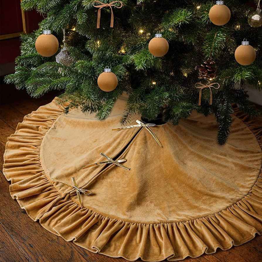 48 Inches Velvet Christmas Tree Skirt Khaki with Gold Bow Fur Plush Tree Skirt Luxury Xmas Skirts... | Amazon (US)