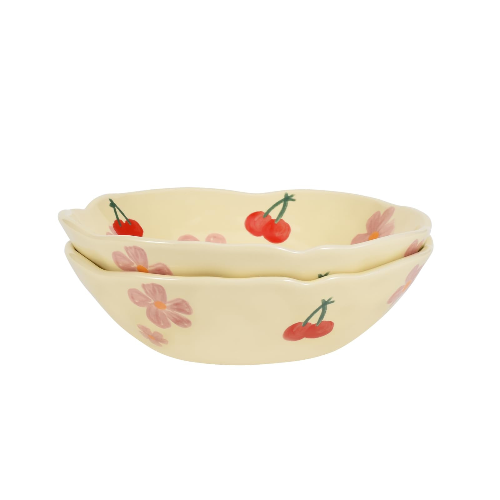 Koythin Salad Bowls Set of 2, Cute Cherry Flower Ceramic Bowls, Cream Yellow Serving Bowl for Pas... | Amazon (US)