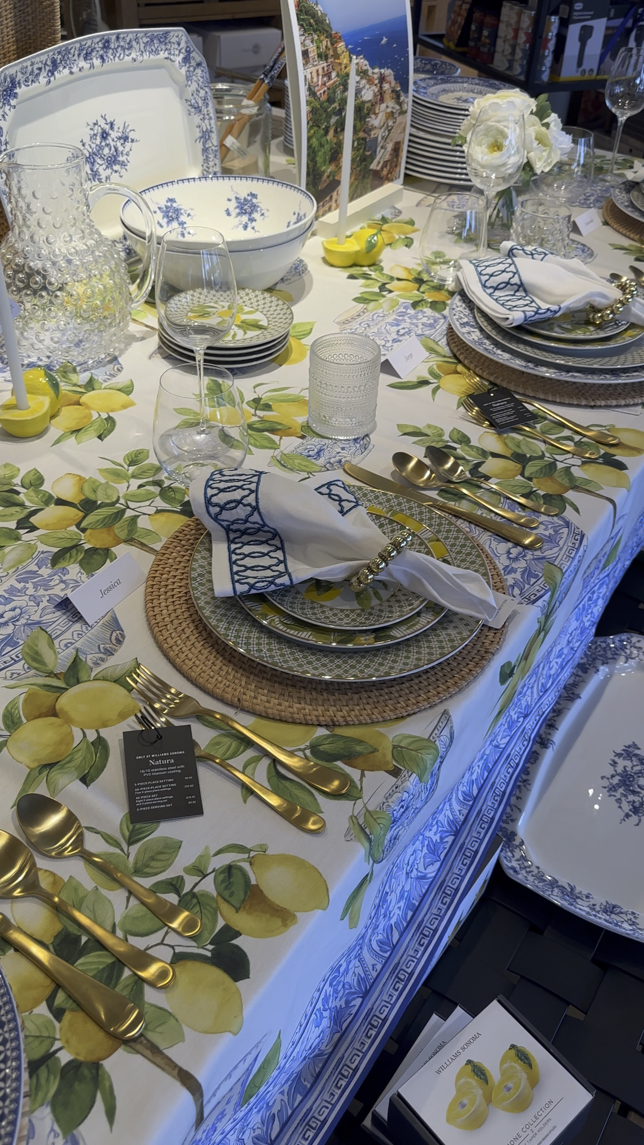 Italian theme tablescape blue and white floral mixed with green! Topiary lemon plates with gold rimmed plates.

#LTKHome #LTKParties