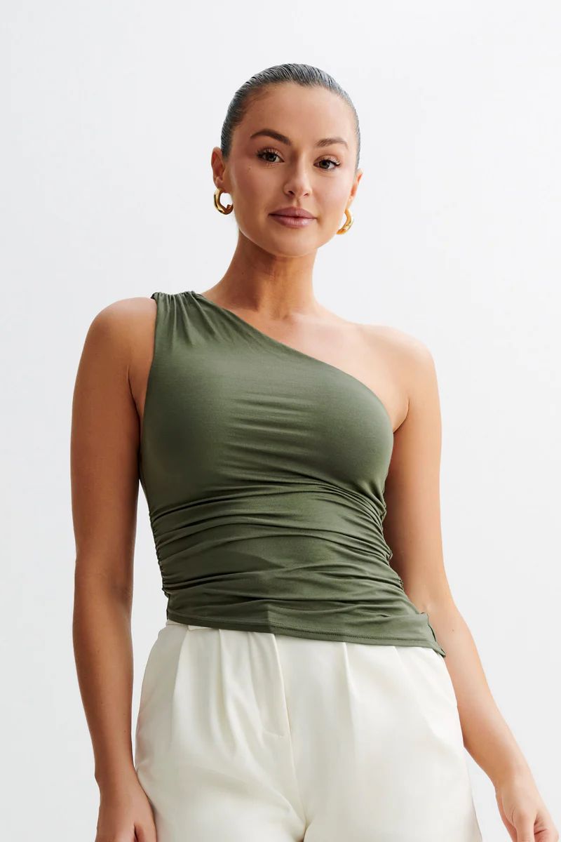 Sarah One Shoulder Modal Asymmetric Top - Military Olive | MESHKI US