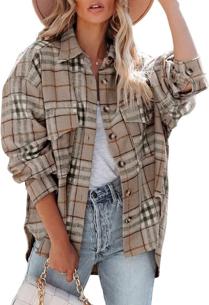 FERBIA Women Plaid Button Down Shacket Jacket Shirts Flannel Oversized Long Sleeve Loose Tops | Amazon (US)