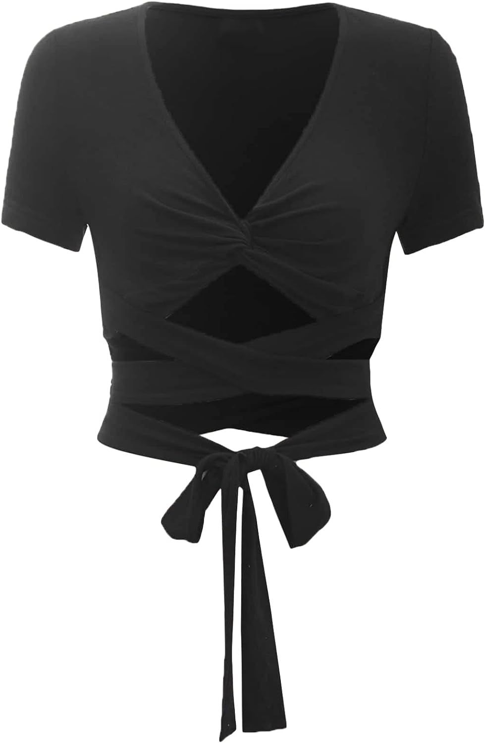 Verdusa Women's Casual Short Sleeve V Neck Criss Cross Twist Tie Front Crop Tee Top | Amazon (US)