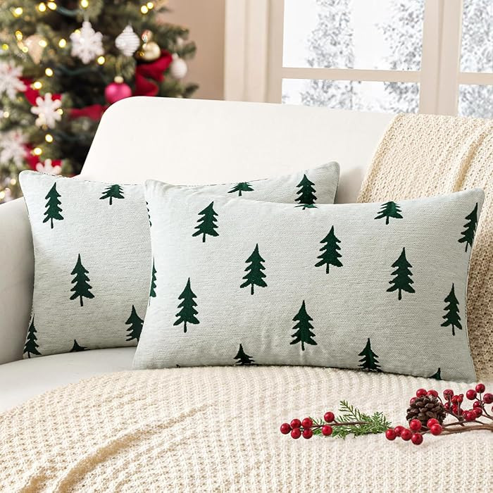 MIULEE Christmas Decorative Chenille Throw Pillow Covers, 12x20 Inch, White Dark Green Tree, Set ... | Amazon (US)
