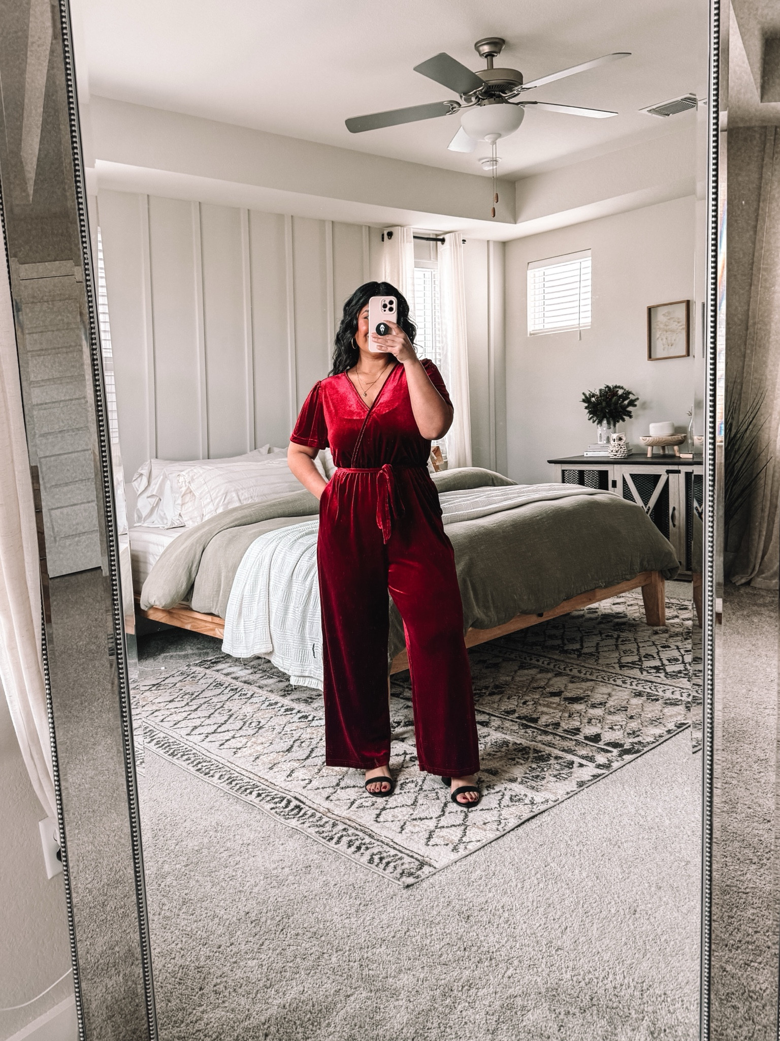 I’m 5’1”, size 10-12, large // Jumpsuit is from @amazonfashion and I’m wearing a large (true to size) in shade Burgundy. Comes in emerald green and black, which I also think would be sooo pretty for the holiday season! I’m wearing a 2” heel with this but could also wear flats and it wouldn’t drag at all. It’s a very soft, stretchy, velvet material.⁣ 

#LTKParties #LTKMidsize #LTKHoliday