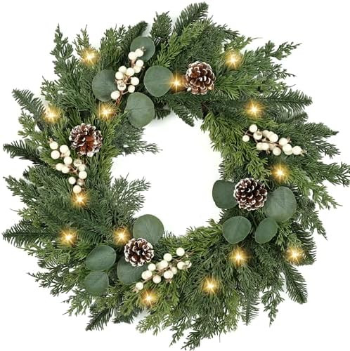 Christmas Wreath with Lights 24 Inch Real Touch Pine Wreath with White Berries/Pine Cone Prelit C... | Amazon (US)