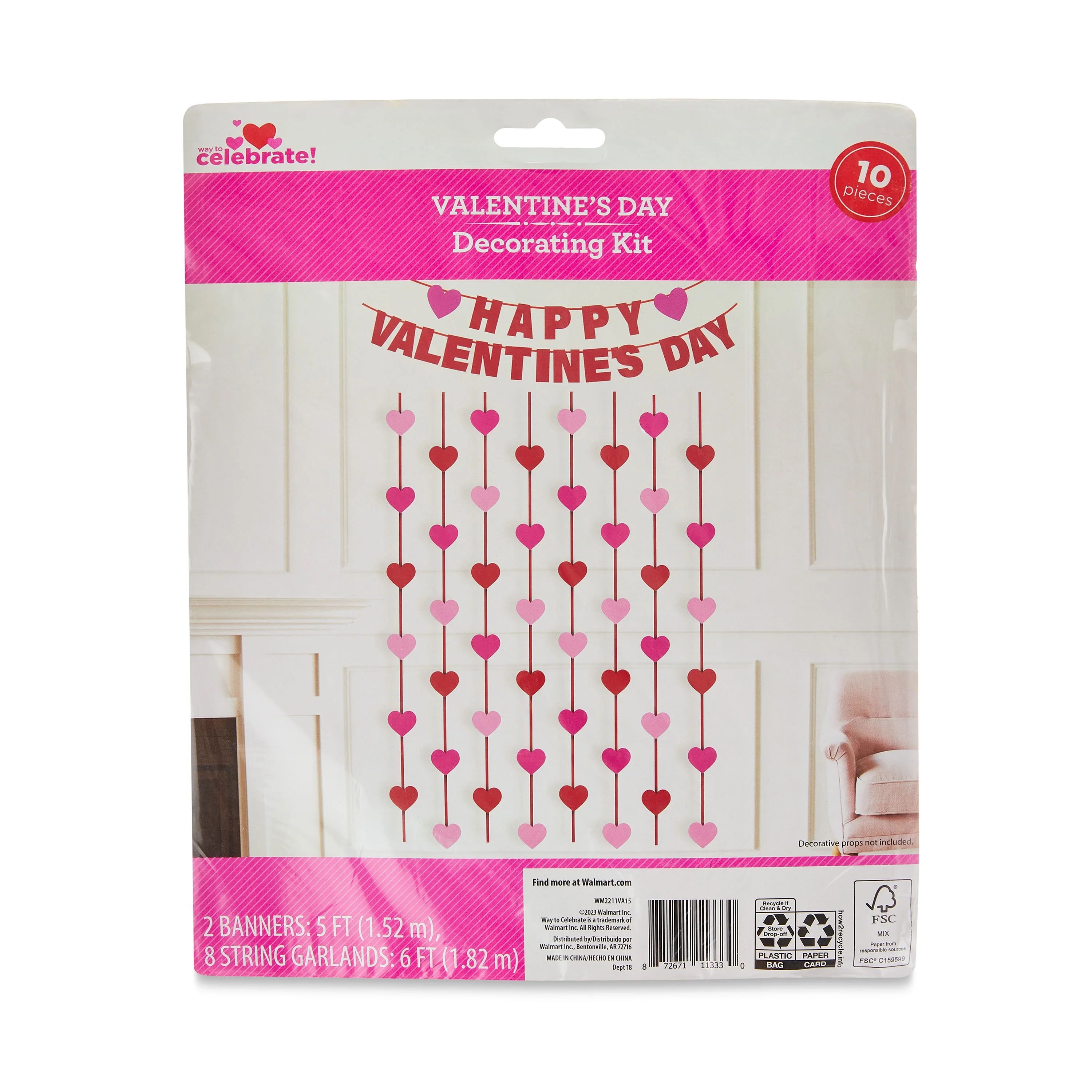 Valentine's Day Red and Pink Happy Valentine's Day Decoration Kit, 10 Pieces, by Way To Celebrate... | Walmart (US)