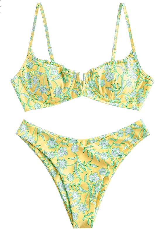 ZAFUL Women's Underwire Bikini Floral High Leg Bikini Set V-Wired Two Piece Swimsuit Bathing Suit | Amazon (US)