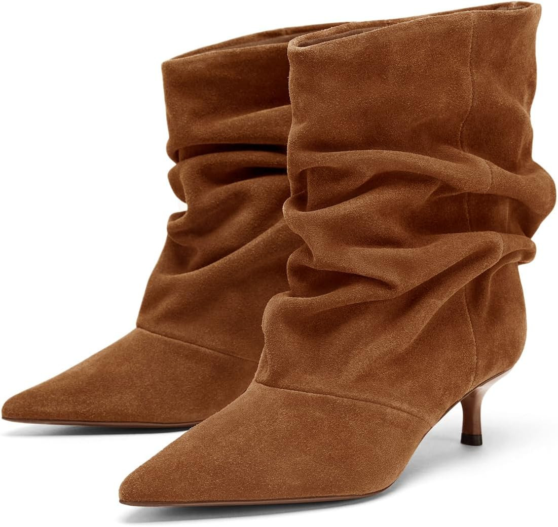 Coutgo Womens Slouchy Ankle Boots Kitten Heel Pointed Toe Pull On Booties | Amazon (US)