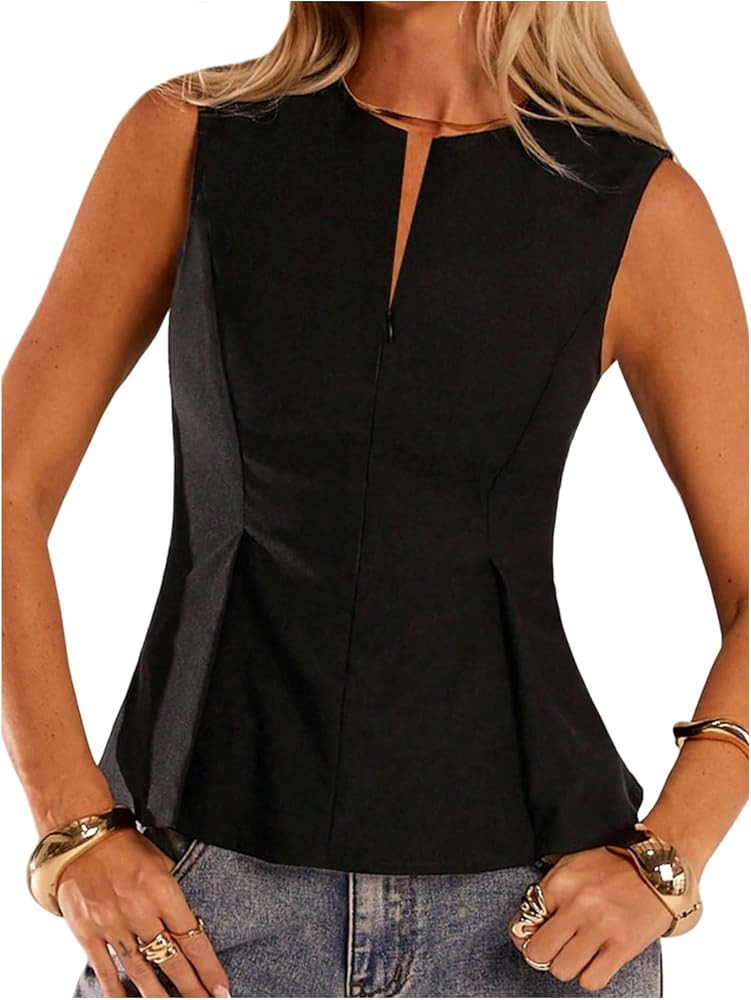 MakeMeChic Women's Crew Neck Tank Tops Ruffle Zip Front Sleeveless Work Dressy Shirt Blouse | Amazon (US)