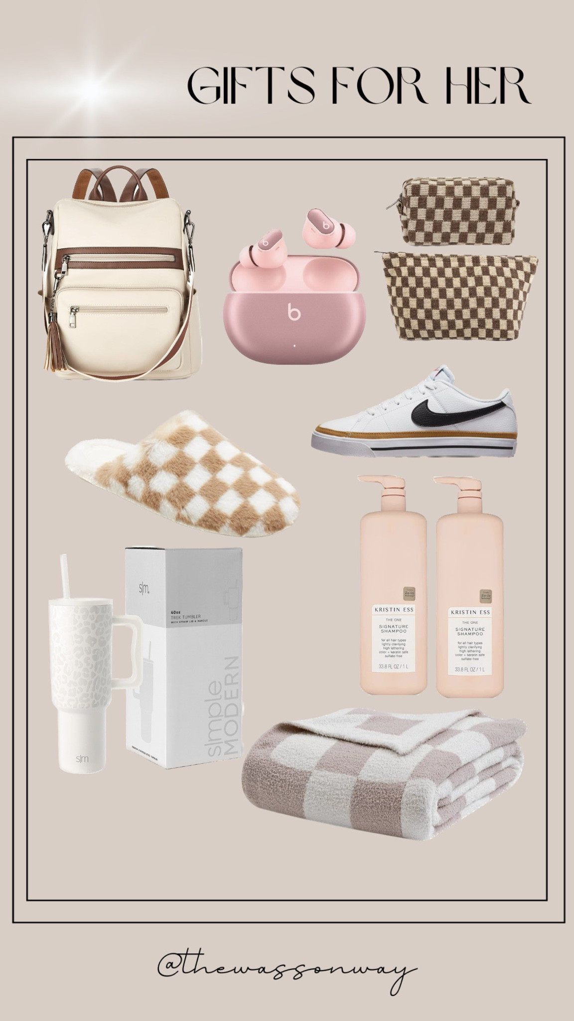 Gifts for her, cute backpack purse, neutral items, simple modern water bottle, cozy slippers, cozy barefoot dreams dupe blanket, shampoo, Nike court legacy tennis shoes, checkered makeup bag, beats, beats headphones, checkered itemsSaleSale

#LTKGiftGuide #LTKHoliday #LTKHolidaySale
