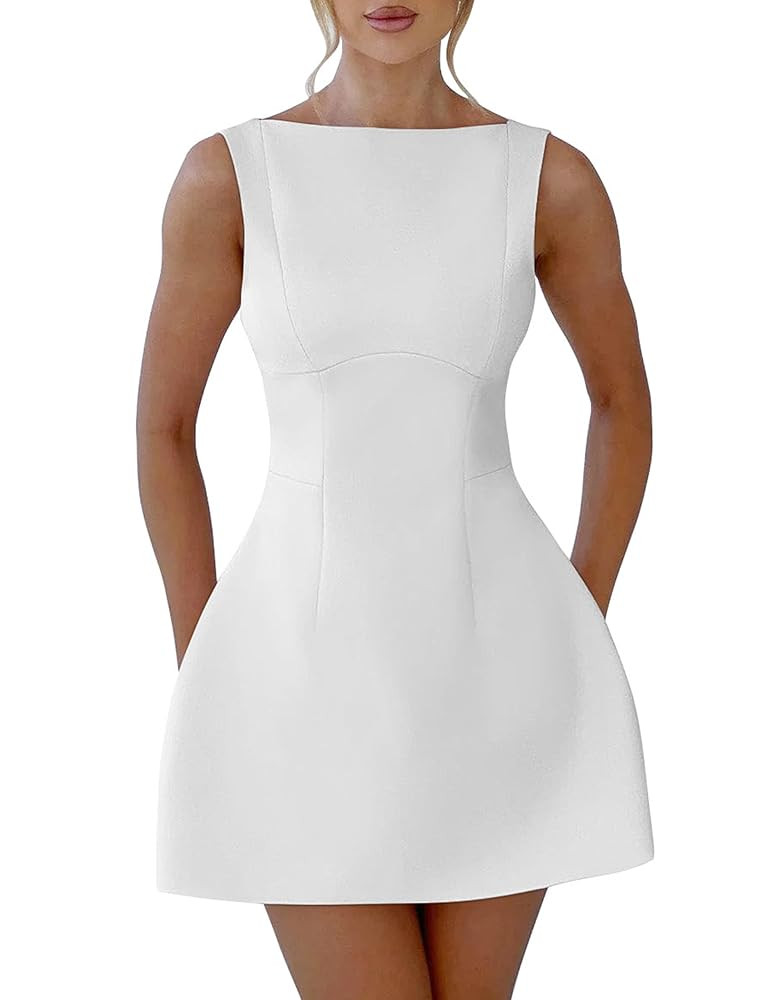 YMDUCH Women's Sexy Sleeveless Crew Neck Backless A-line Party Short Mini Dress | Amazon (US)